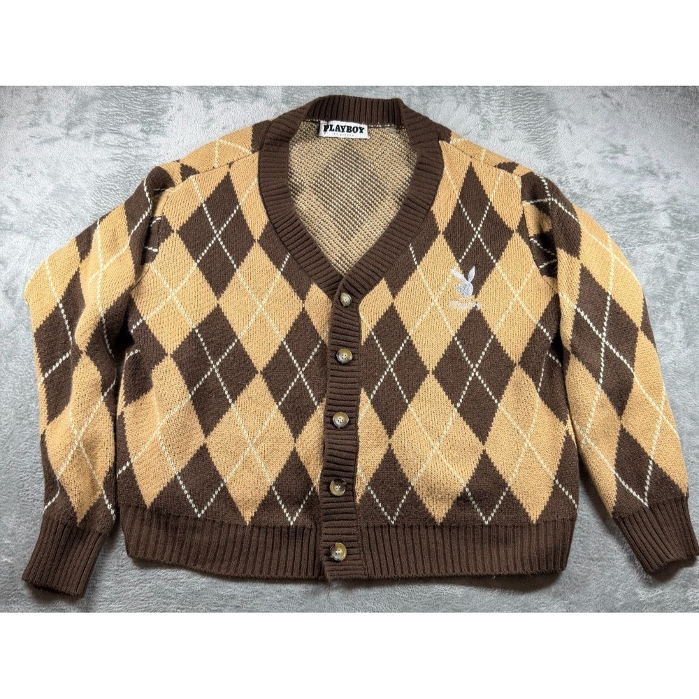 Playboy PacSun Argyle Cardigan Sweater Mens XL Brown Tan Bunny Logo Retro